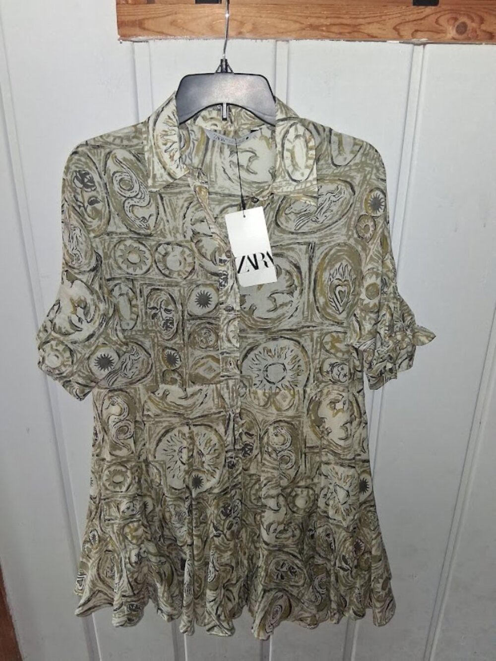 Zara Cotton Button Front Sun Print Mini Dress Tunic NWT Sz M